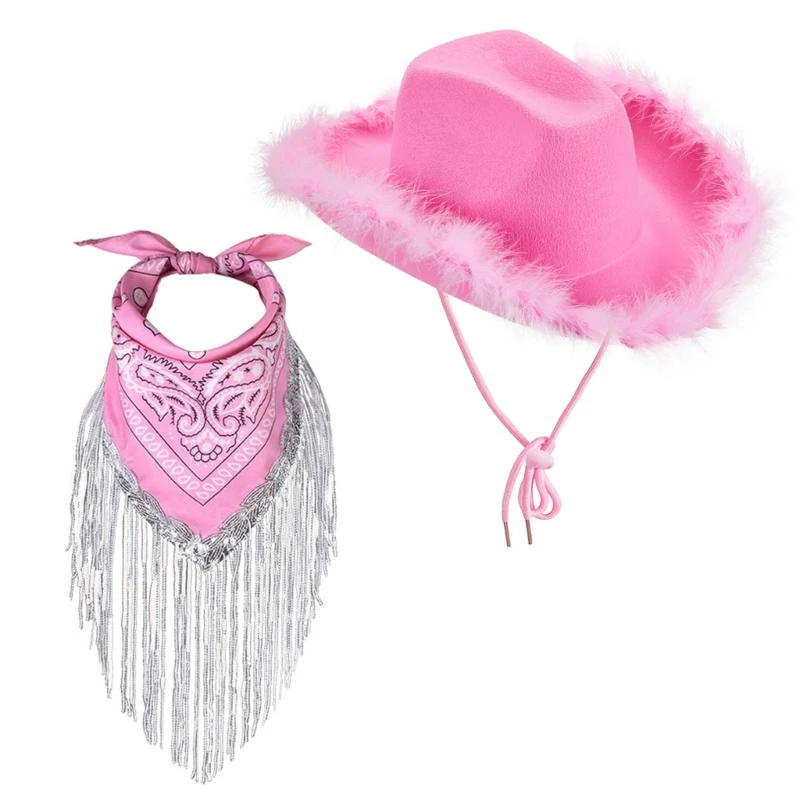 

Fashion Cowgirl Hat Bandana Furry Feather Brim Cowboy Hat Western Cowboy Hat for Bachelorette Party Carnivals Cosplay 10CE