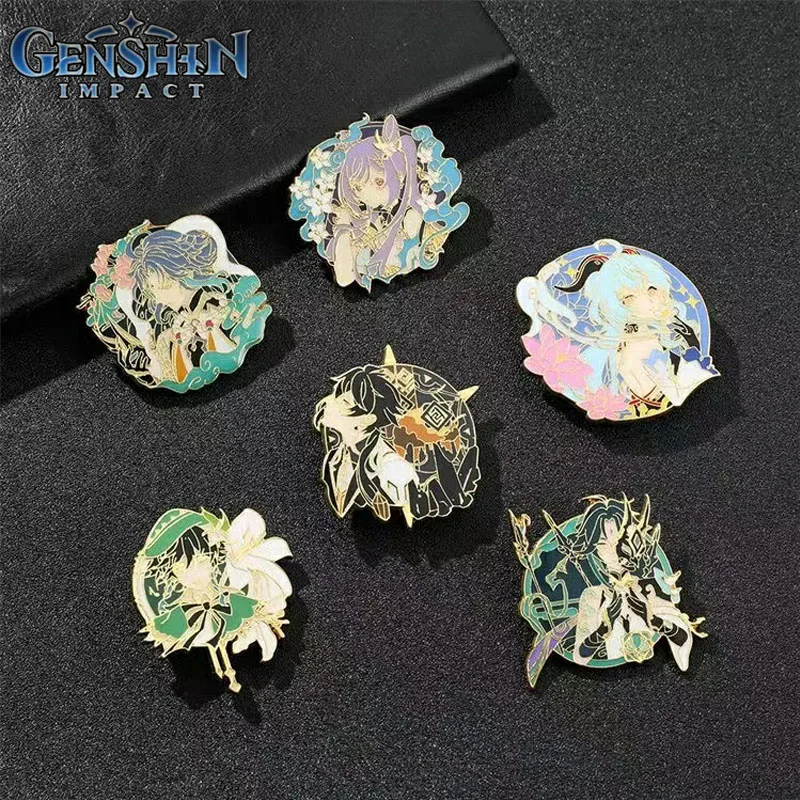 

Genshin Impact Enamel Pin Brooch Zhongli Xiao Ganyu HuTao Raiden Yoimiya Anime Figure Badge Brooch For Bag Clothes Decoration