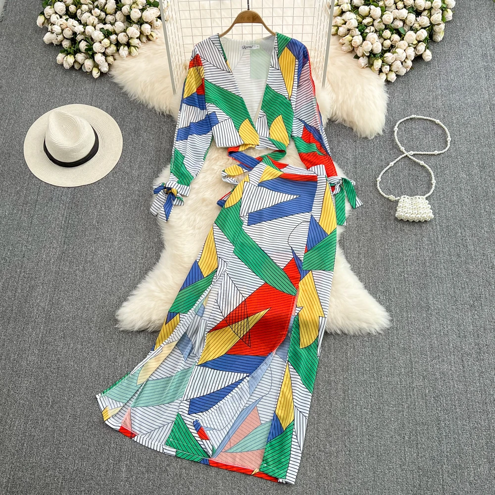 

Amolapha Vacation Beach Women Summer Clothes Suits 2022 Deep V-Nec Tops And Split Skirt Ladies Retro Print Two Piece Sets