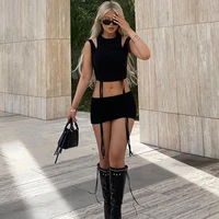 2022 casual drawstring dress summer sets womens outfits sexy o neck crop top and mini skirts sets co ord club party
