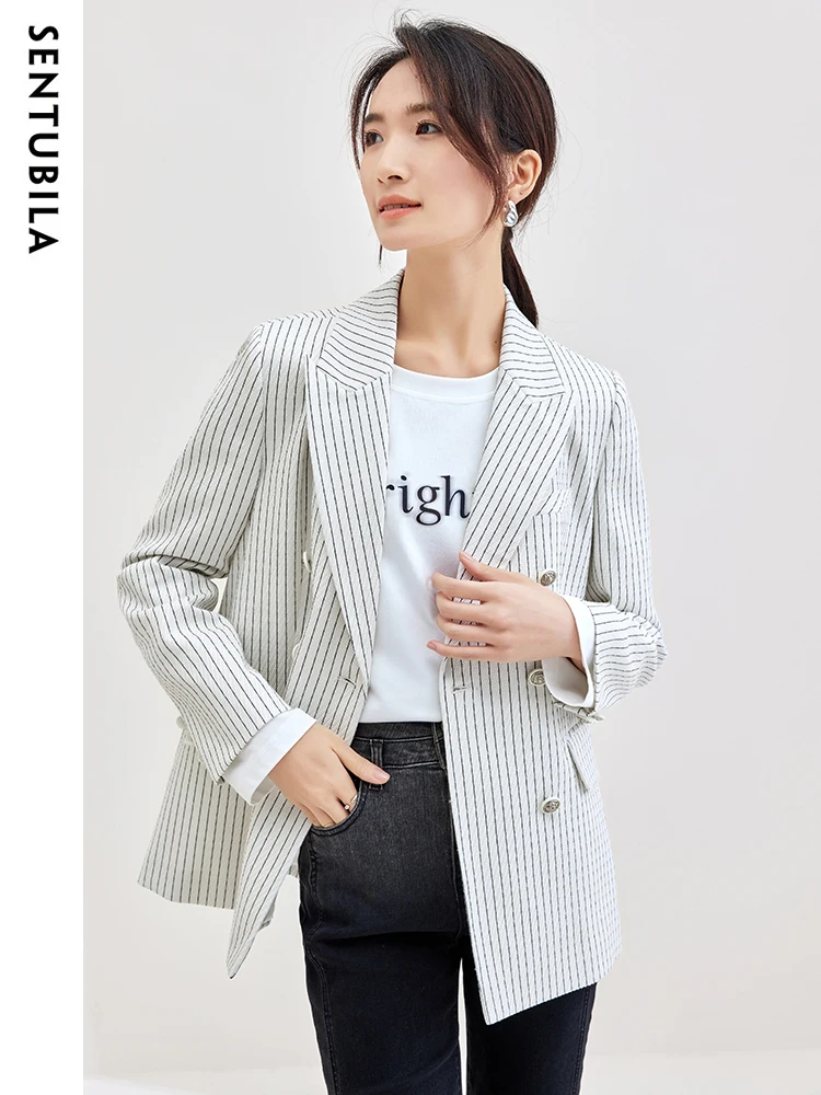 Женский двубортный Блейзер Sentubila пиджак в полоску для офиса модель 134X51459 на весну
