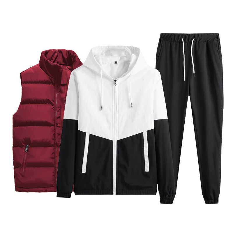 Men's 3 Piece Sets Patchwork Zippered Cardigan Pants and Jacket Hip Hop Casual Fitness Streetwear Male Tracksuit Dropshipping
