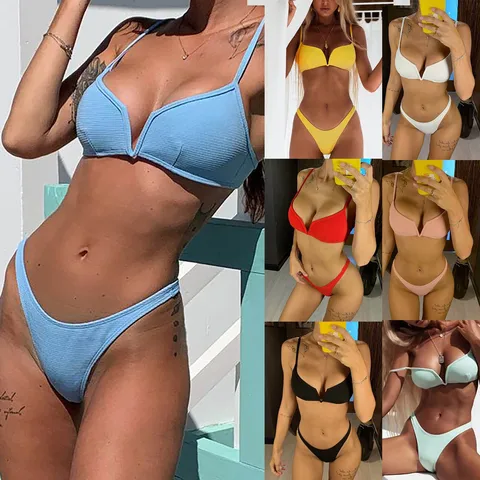 Women'S Split Fashion Bikini 2023 New Bra Solid Coloe 2 Sets Swimsuit  Beach Bra Swimsuit No Steel Sexy Beachwear Monokini