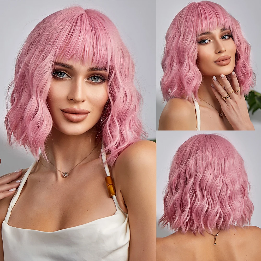 

oneNonly Short Pink Wig Natural Wigs for Women Medium Wavy Synthetic Wig Party Heat Resistant Hair