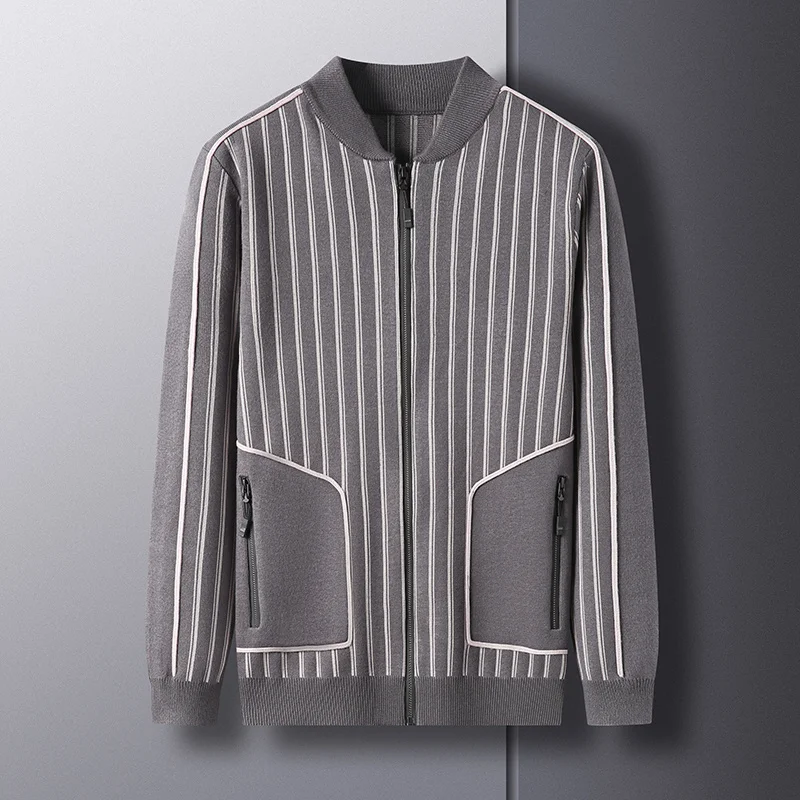 

grade High baseball neck knitted jacket men's 2023 autumn and winter new fashion stripe zipper pocket casual sweater coat men's