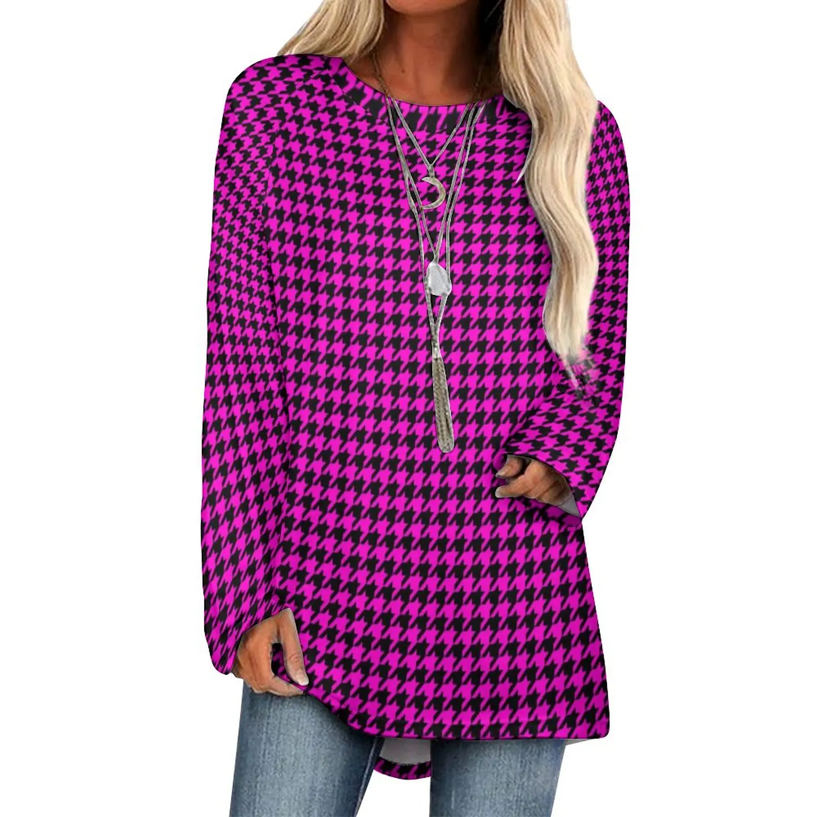 

Black Pink Houndstooth T-Shirt Retro Print Aesthetic Long Sleeve T Shirts Street Wear Oversized Tees Women Design Tops Gift Idea