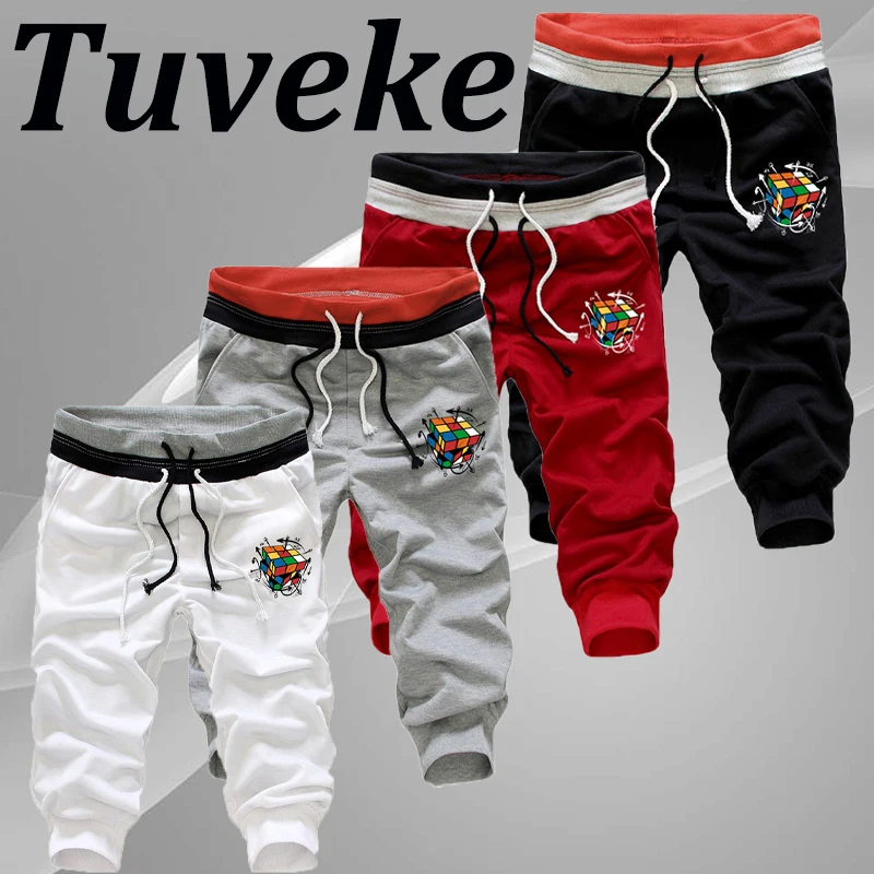 

Tuveke Men's Summer Rubik's Cube Print Collection Casual Sports Shorts Double Rope Design Trendy Harajuku Street Cropped Pants