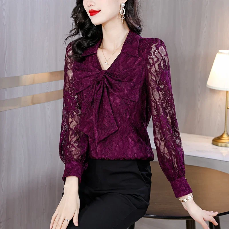 Новая кружевная женская блузка с отложным воротником и бантом длинным рукавом