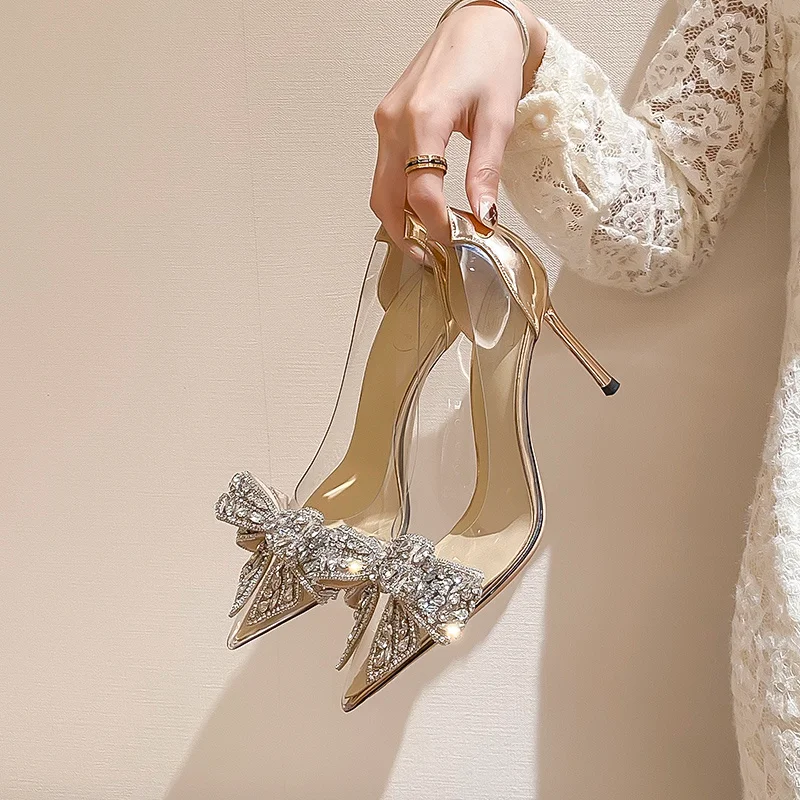 

2022 spring autumn transparent high heels women stiletto rhinestone bow champagne bridal wedding shoes single shoes