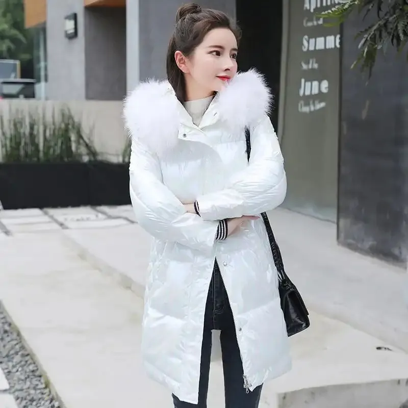 Hooded Fur Collar Women's Parka 2022 Winter New Mid-Length Jackets Shiny Glossy Down Padded Outwear Long Sleeve Female Fashion