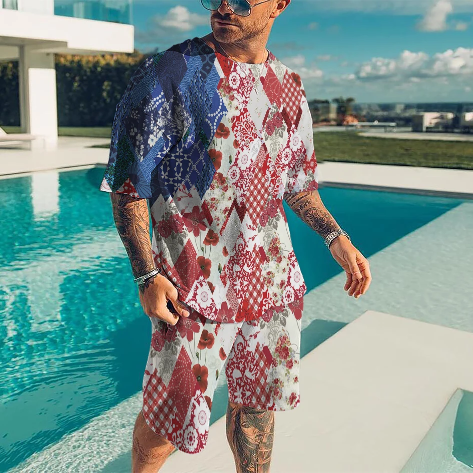 

Men's Summer Tracksuit Pattern Stitching Outfits Set Art Style Casual T-Shirt+Shorts Jogging Suit Oversized Clothing Sportswear