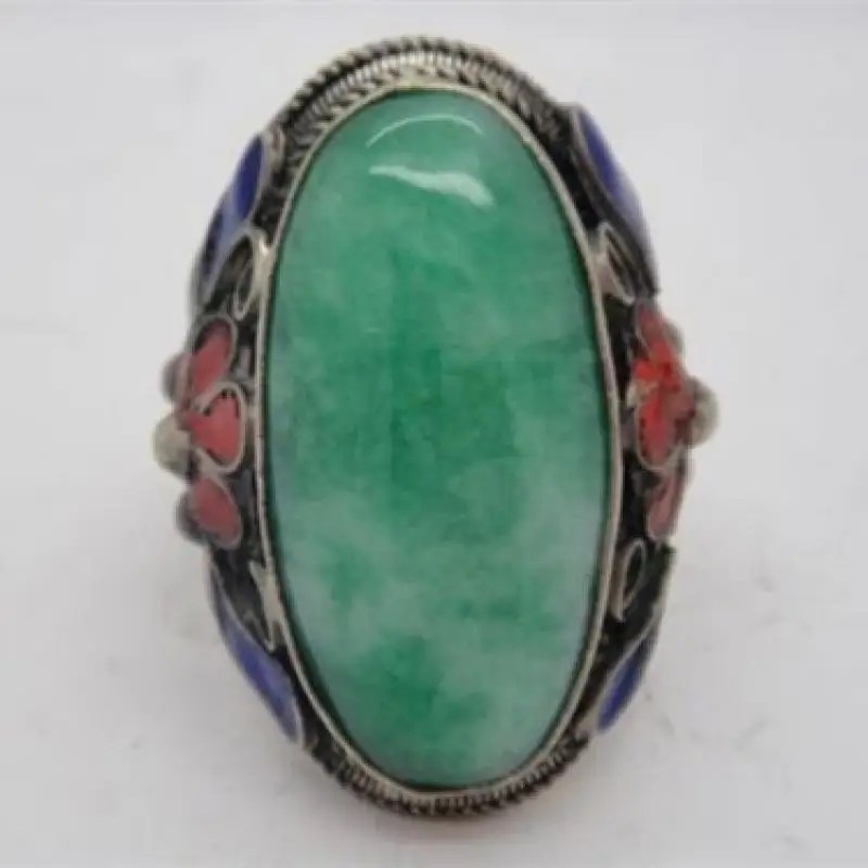 

Collectible Chinese Inlay Green Jade Old Tibet Silver Cloisonne Flower Ring