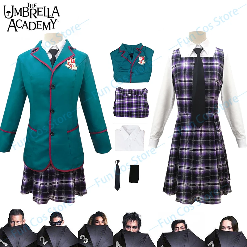 

The Umbrella Academy Season 3 Sparrow Academy Cosplay Costume Viktor Green Suit Dress Check Skirt Five Uniform Coat Shirt Tie