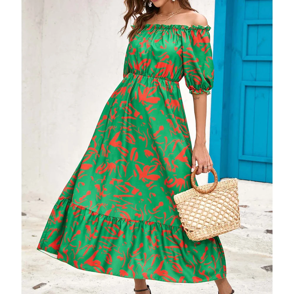 

Sexy Off Shoulder Boho Dresses Summer Slim Fit Ruffle Ruffled Long Dress Women's Backless Printed Beach Dress for Women 2023