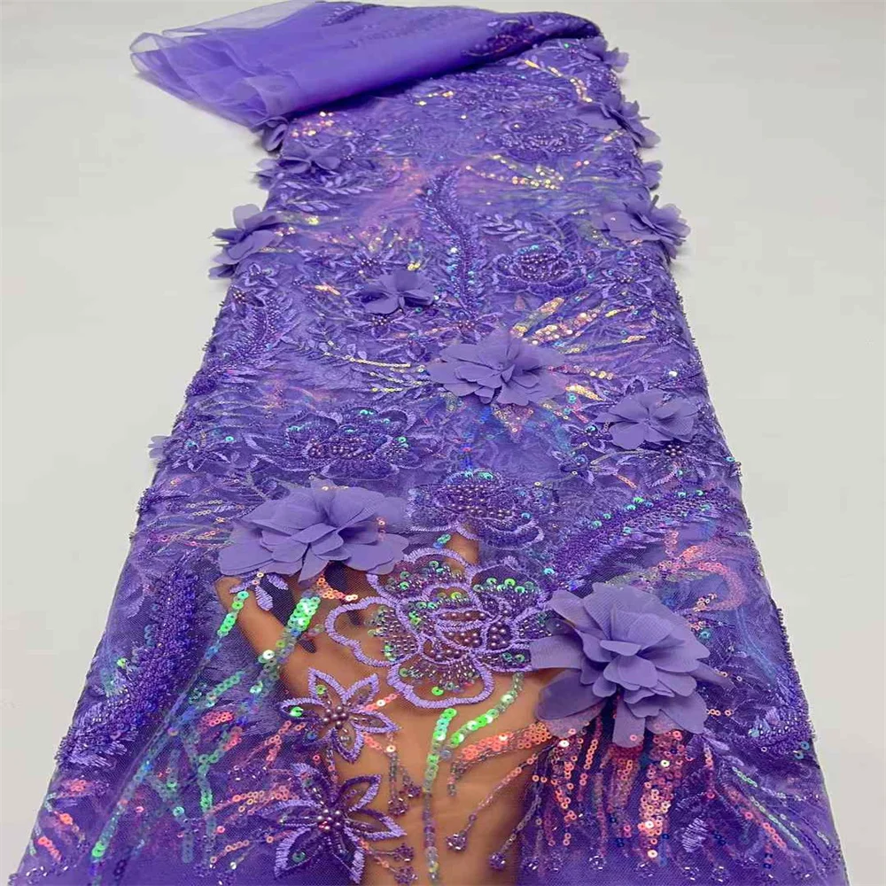 3D цветы в синем французском кружеве 2024 высококачественная кружевная сетка