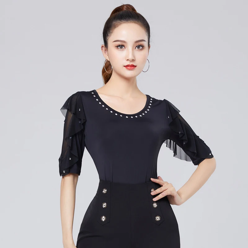 

Female Black Latin Dance Tops Summer Ruffle Ballroom Dancewear ChaCha Tango Practice Wear Samba Performance Costume YS3789