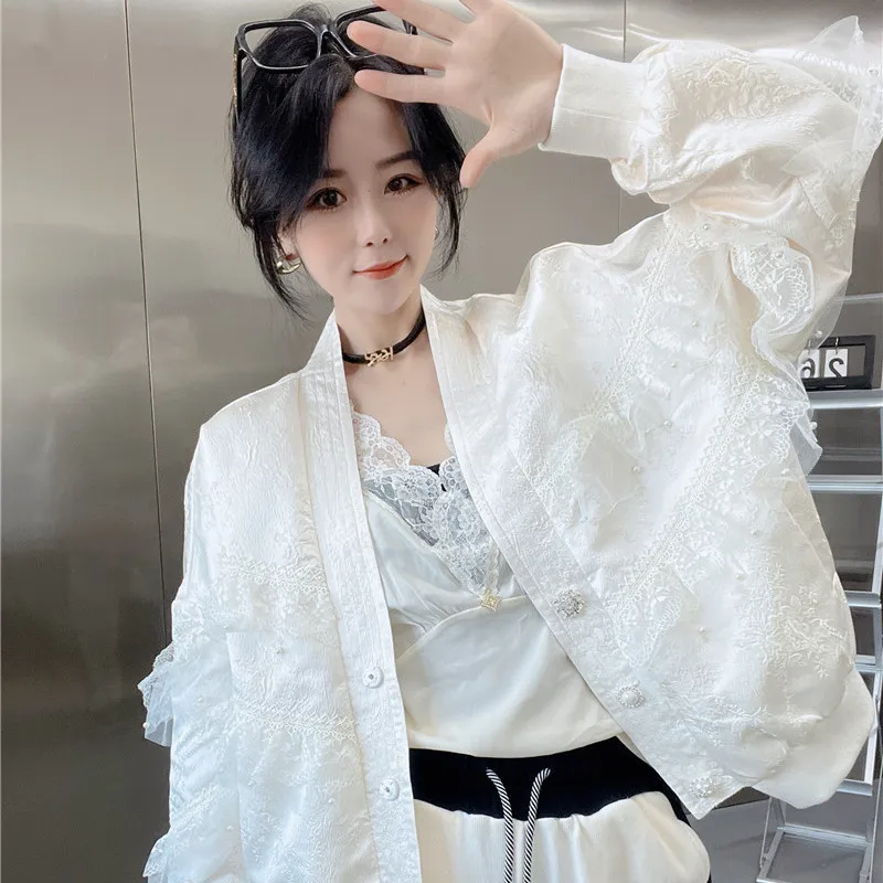 

White Coat Women's 2022 New Summer Fried Street Lazy Wind Lotus Leaf Edge Hollow Lace Breathable Baseball Suit