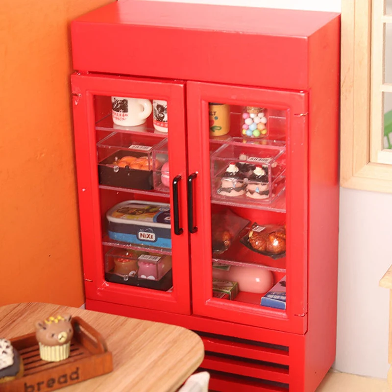 

1pc wood Miniature Food And Play Double Door Refrigerator Mini Model Freezer Doll House Miniature Model