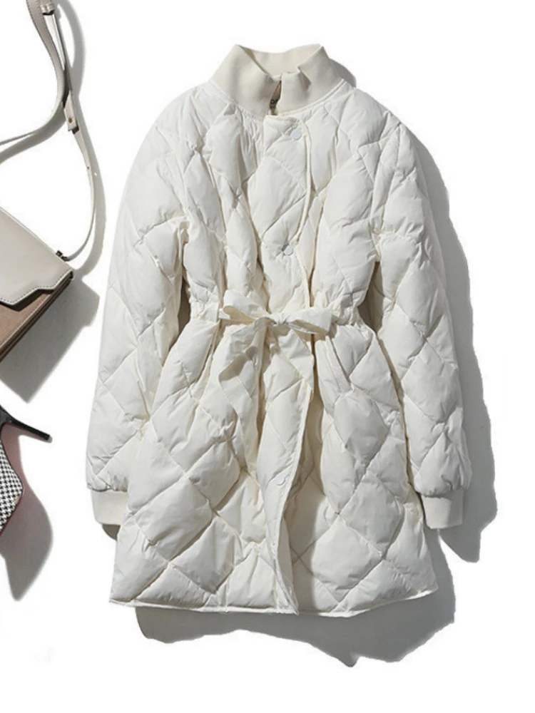 Фото Women's down jacket medium length standing collar slimming body, waist closed white eiderdown coat fashion warm windbreaker coat №2