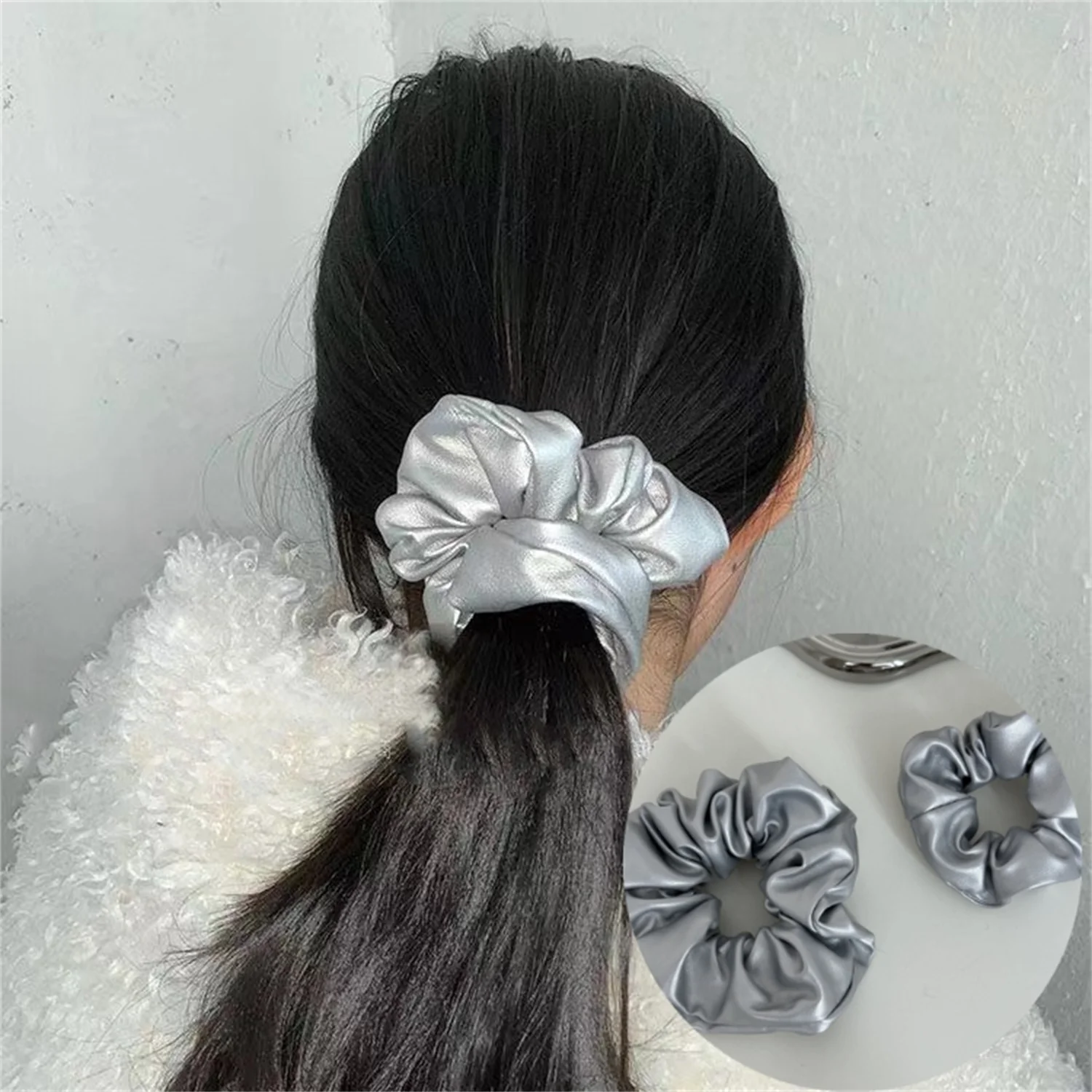 

2 Sizes Silver Leather Large Intestine Hair Band Simple Hair Ring High-Grade High Ponytail Hair Band Headwear Elastic Hair Bands