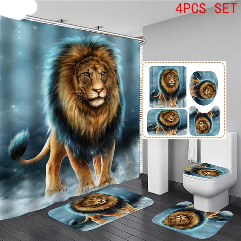 

Animal Print Black Shower Curtains Lion Tiger 3D Bathroom Curtain Set Anti-slip Bath Mat Soft Toilet Lid Cover Home Rugs Carpets