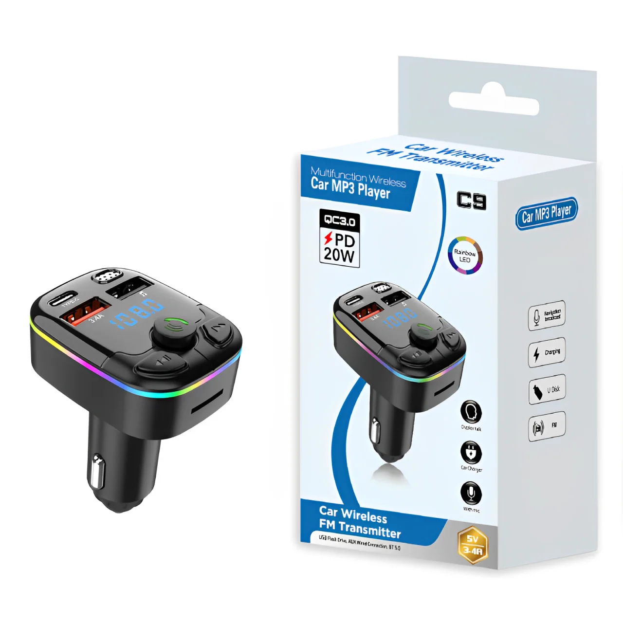

Автомобильный FM-передатчик поддерживает USB-C QC3.0 PD20W зарядку Bluetooth 5.0 Музыкальный плеер Многофункциональное автомобильное зарядное устройство
