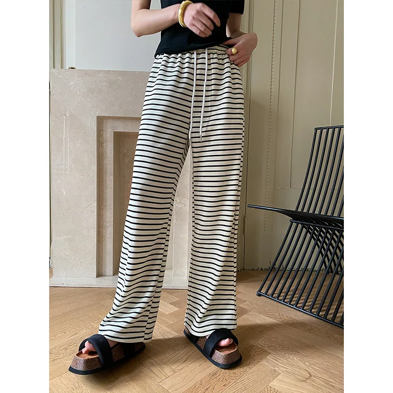 

2023 Spring Loose Wide-Leg Striped Pants Women's Elastic Waist and Pockets Comfortable Full Length Casual Trousers