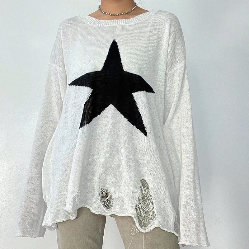 

Women's Casual Contrast Color Star Ripped Hole Long Sleeve Loose Sweater Blouse Fall Fashion Casual Oversized Harajuku Sweater