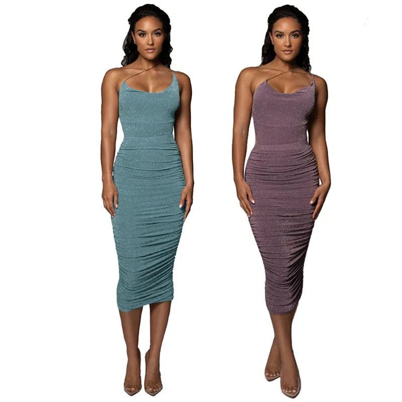

WUHE Soild Sexy Shiny Two Piece Set Dress Sleeveless Bodysuits Ruched Bodycon Midi Skirt Women Night Club Suits