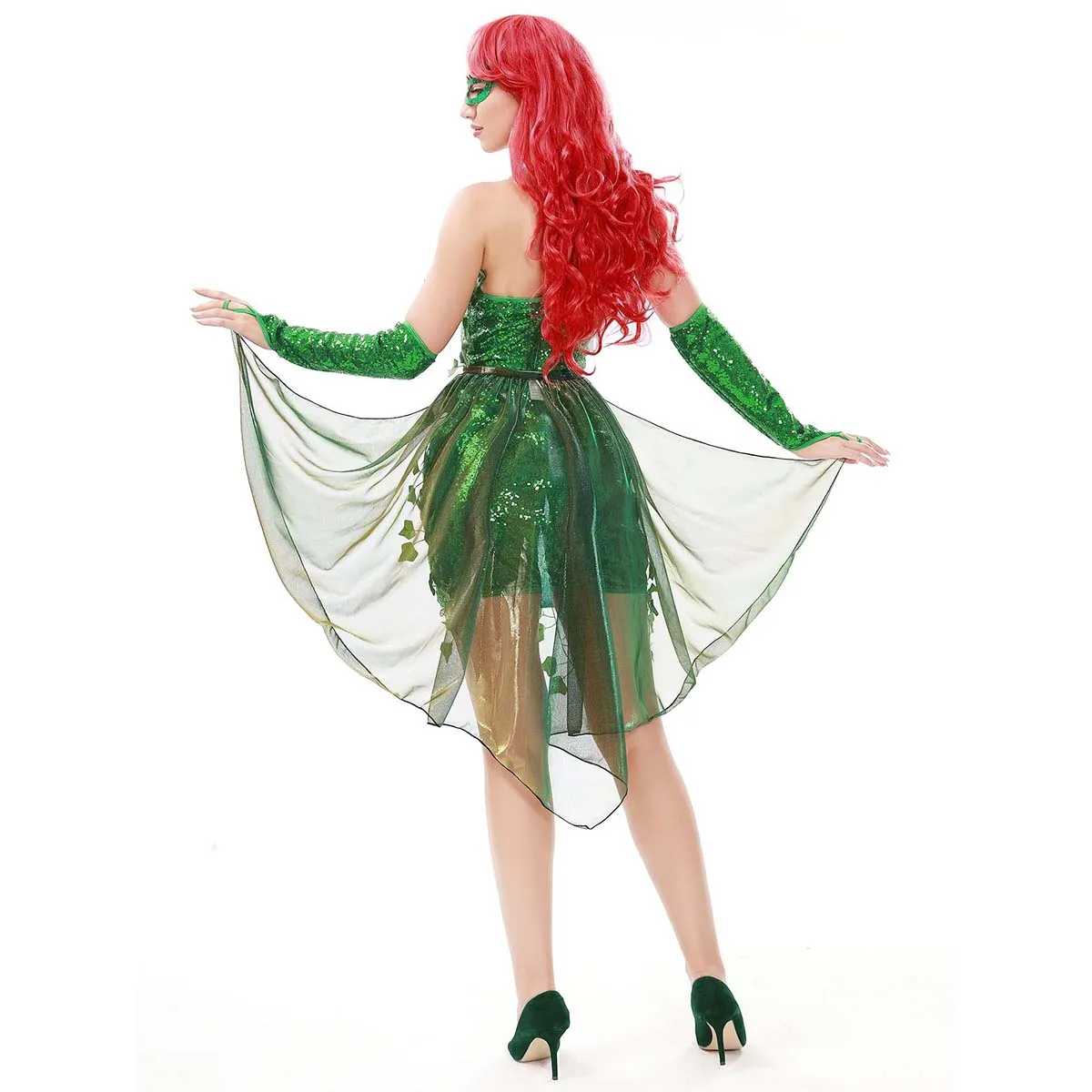 Хэллоуин Лист Зеленый Яд Плющ Косплей Костюм Платье без бретелек с блестками и