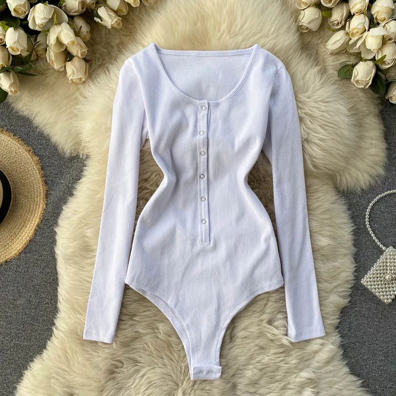 

2022 Spring Autumn Tees O Neck Buttons Skinny Long Sleeve Bodysuit Women TShirt Fashion Jumpersuit