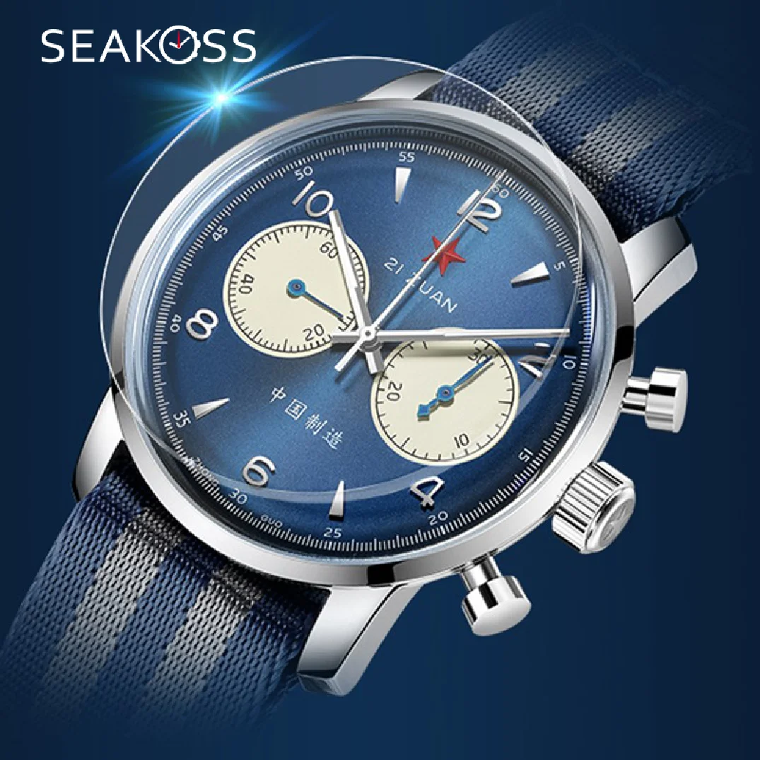 

Fashion Men's Blue Chronograph 1963 Watch Pilot Seagull Movement Gooseneck Mechanical Male Clock Sapphire Hardlex Acrylic Clock