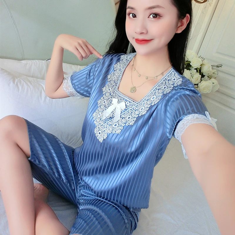 

New Silk Pajamas for Women Sweet Lace Pyjamas Woman Elegant Short Sleeve Short Pant Homewear Ladies Stain Soft Sleepwear Sets