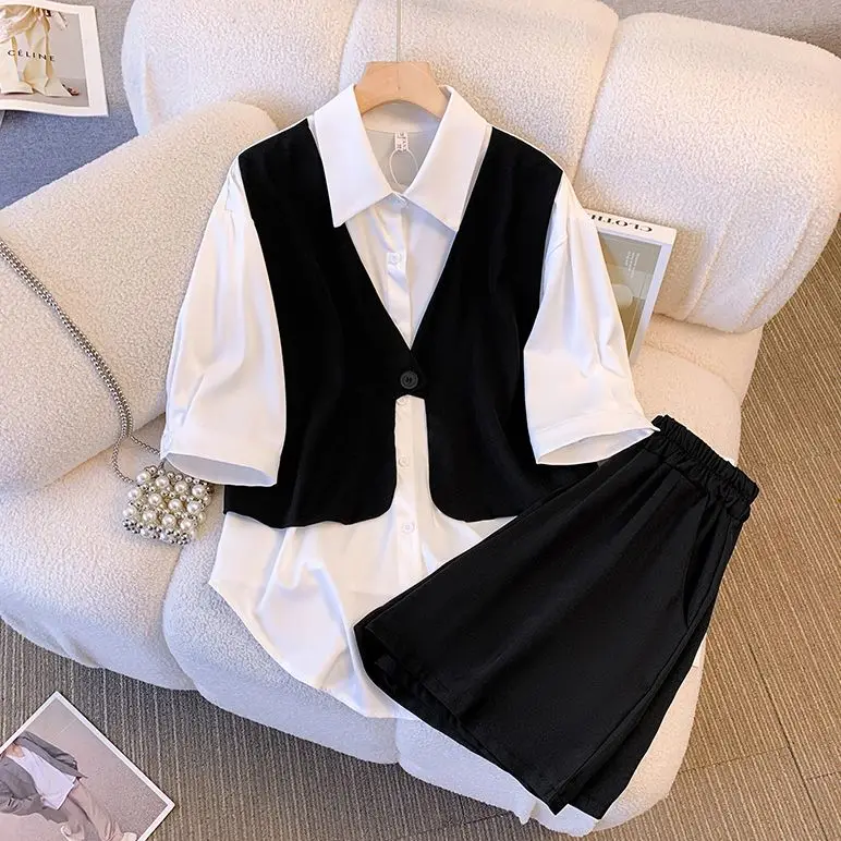 Short Sleeved Patchwork Chiffon Shirt Loose Wide Leg Shorts Two-piece Elegant Women's Shorts Set Summer Casual Outfits