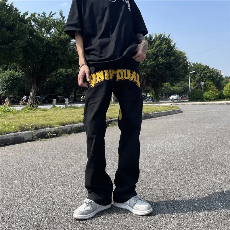 2022 High Street Letter Embroidery Hip Hop Straight Black Jeans For Men Y2K Pants Baggy Harajuku Denim Trousers Pantalon Homme