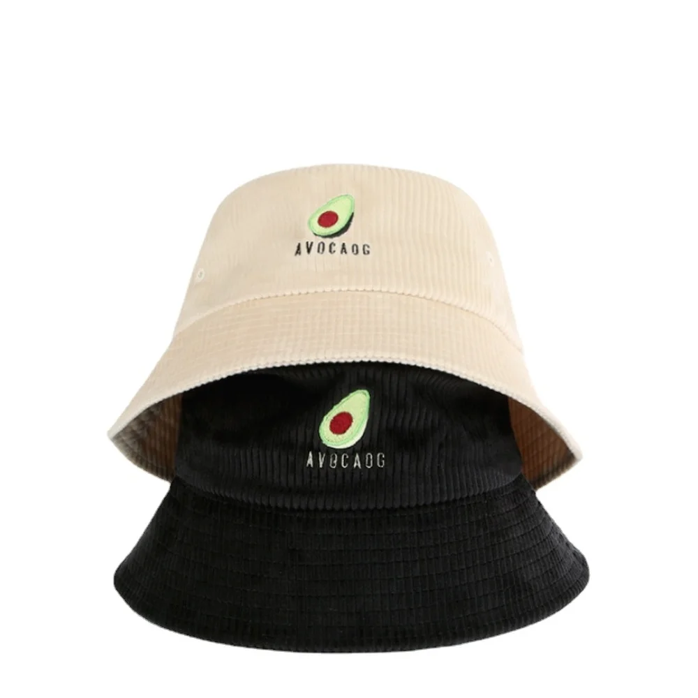 

Avocado Embroidery Bucket Hat Big Brim Fisherman Hat Female Autumn Winter Panama Hat Solid Color Sunhat Corduroy Outing Sunshade