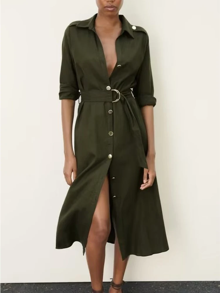 

Платье-рубашка женское льняное с поясом, элегантное офисное платье миди с длинным рукавом, с лацканами, на лето, 2023