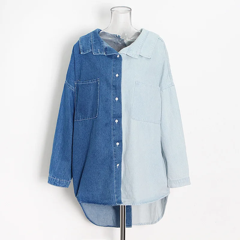 

Ladies Shirt Denim Coat Contrast Color Patchwork Loose Korean Lapel Jacket