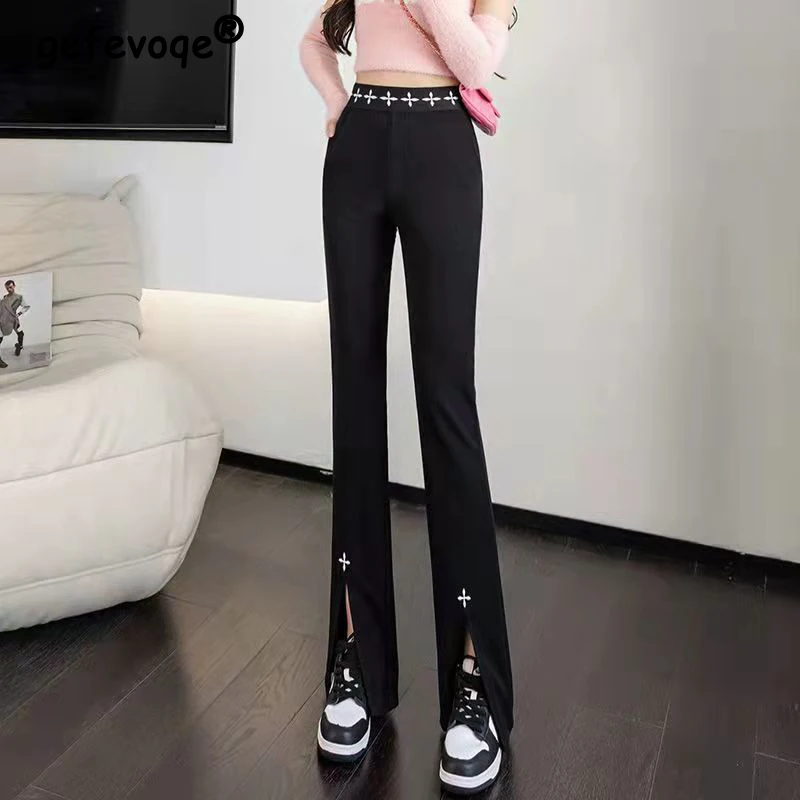 Slit Black High Waist Street Slim Embroidery Chic Flare Pants Women Spring Summer Korean Fashion Casual Office Lady Trousers 4XL