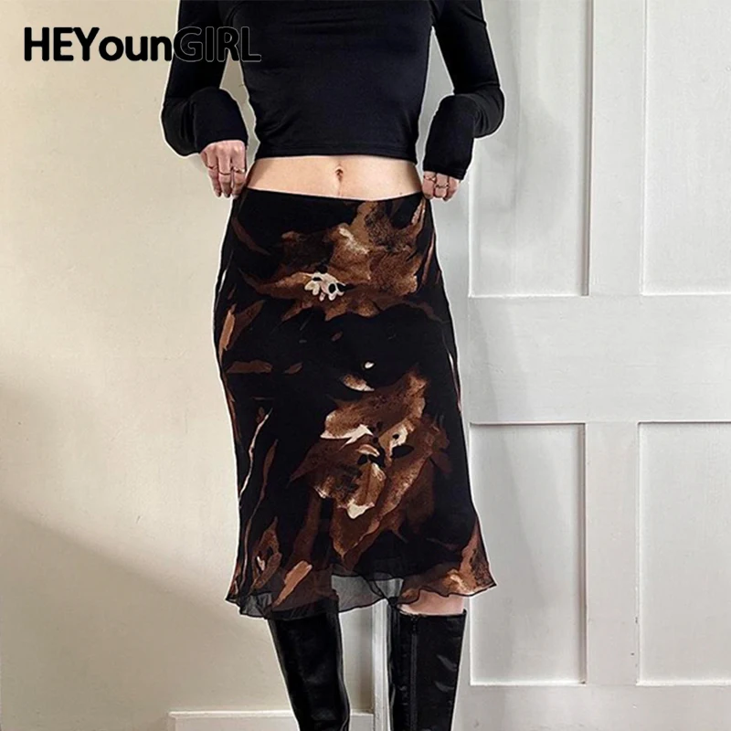 

HEYounGIRL Vintage Elegant Mid Skirt Mesh Patchwork Floral Print Y2K Low Waist Aesthetic Brown Long Skirts Ladies Street Outfits