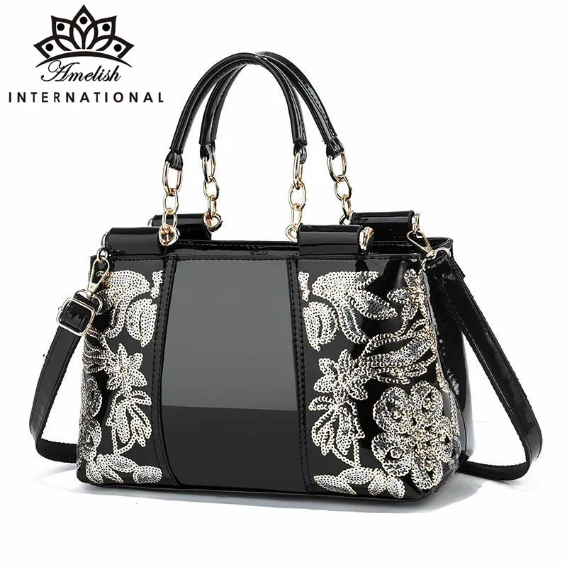 New Fashion Large Totes High Quality Patent Leather Luxury Embroidery Women Bags Brand Designer Women's Shoulder Messenger Bag