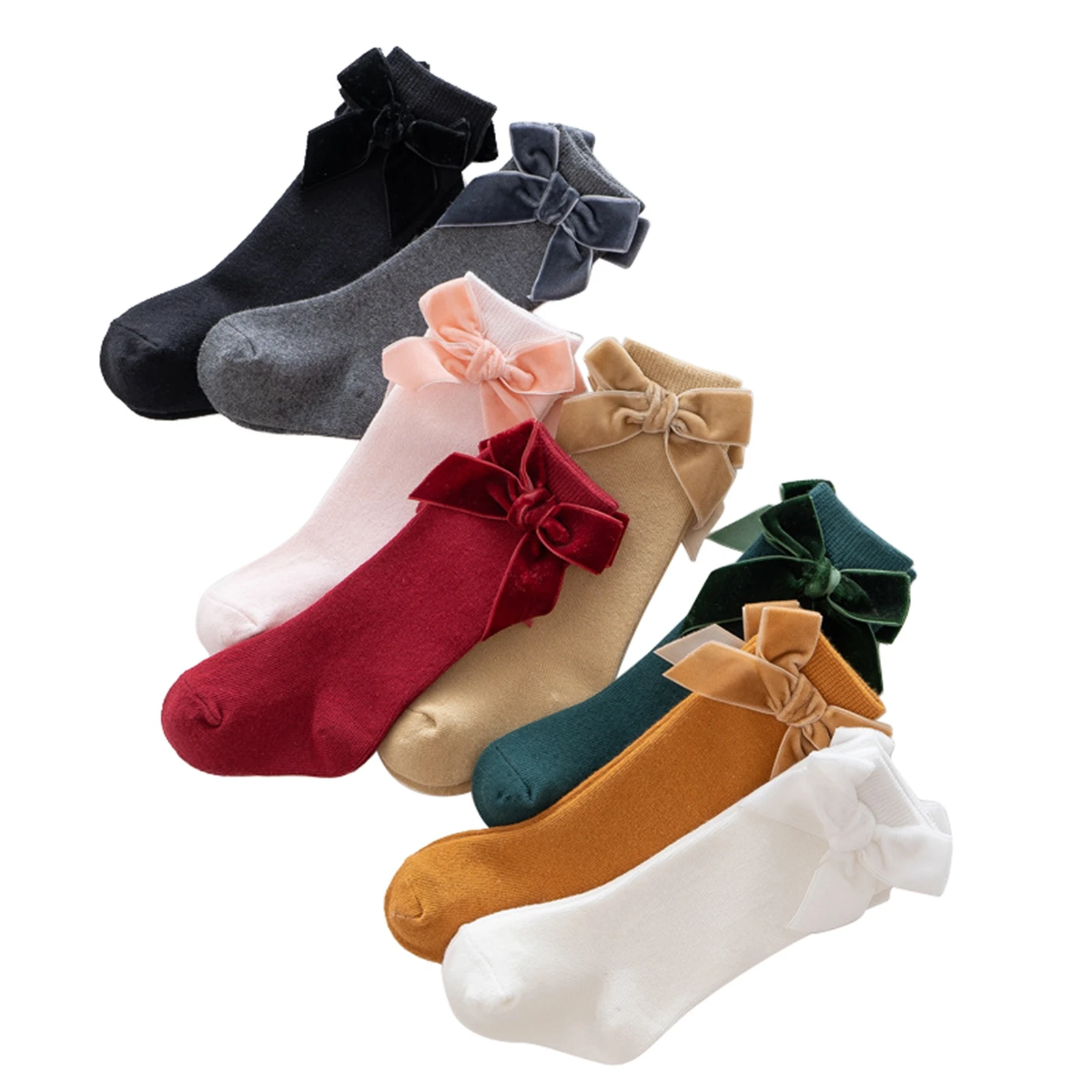 

Baby Girls Warm Thick Knitted High Socks Classic Solid Color Cotton Socks with Velvet Bow for Infants