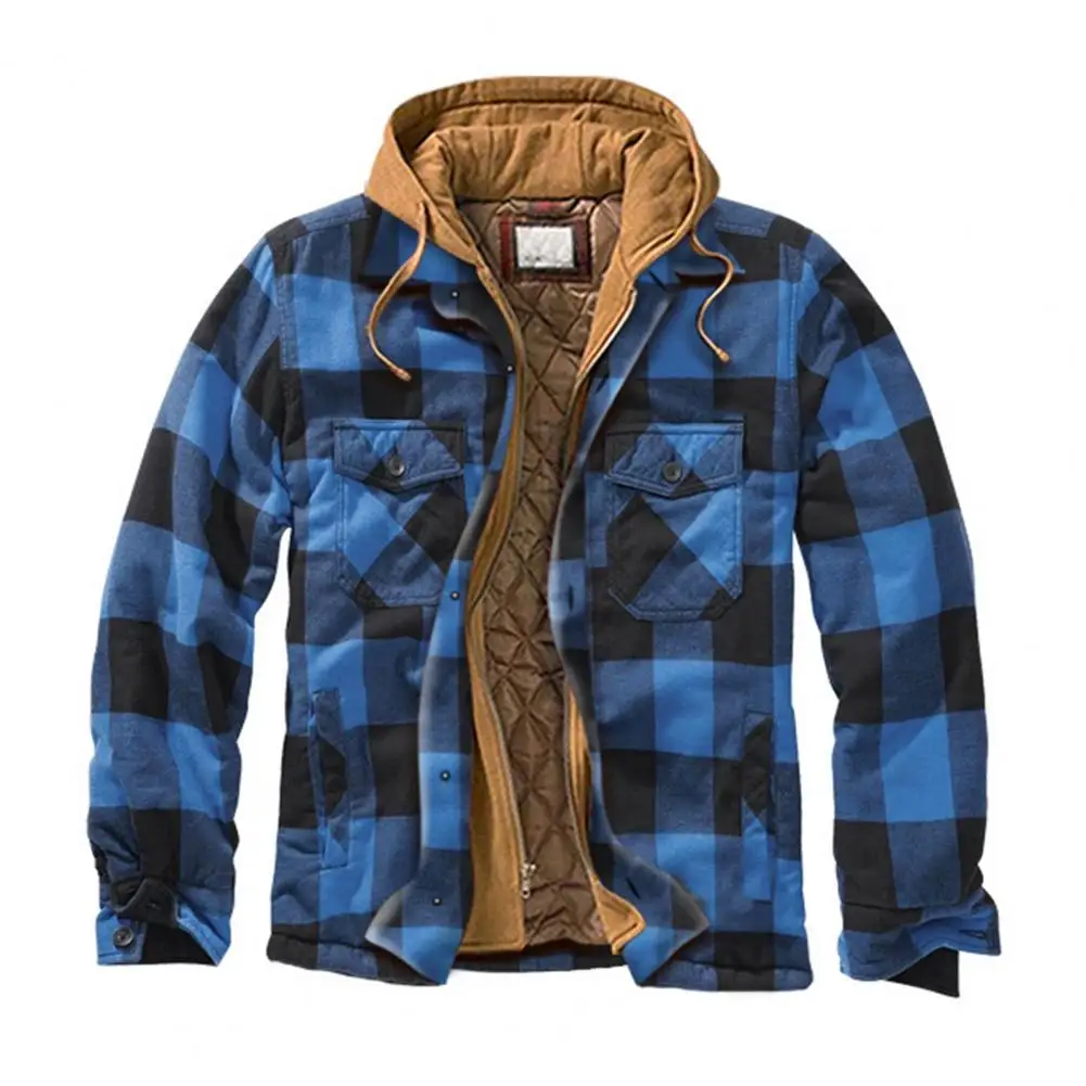 M - 4XL Autumn Winter Men Coat Casual Plaid Pattern Pockets Padded Thicken Relaxed Fit Hoodie Jacket Streetwear Plus Size