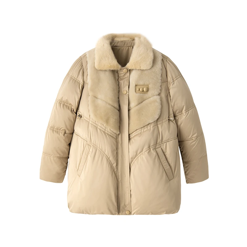 Design 95% White Goose Down Winter Jacket Women Casaco Feminino Luxury  Zipper  Wide-waisted  Spliced Mink Wool Coats