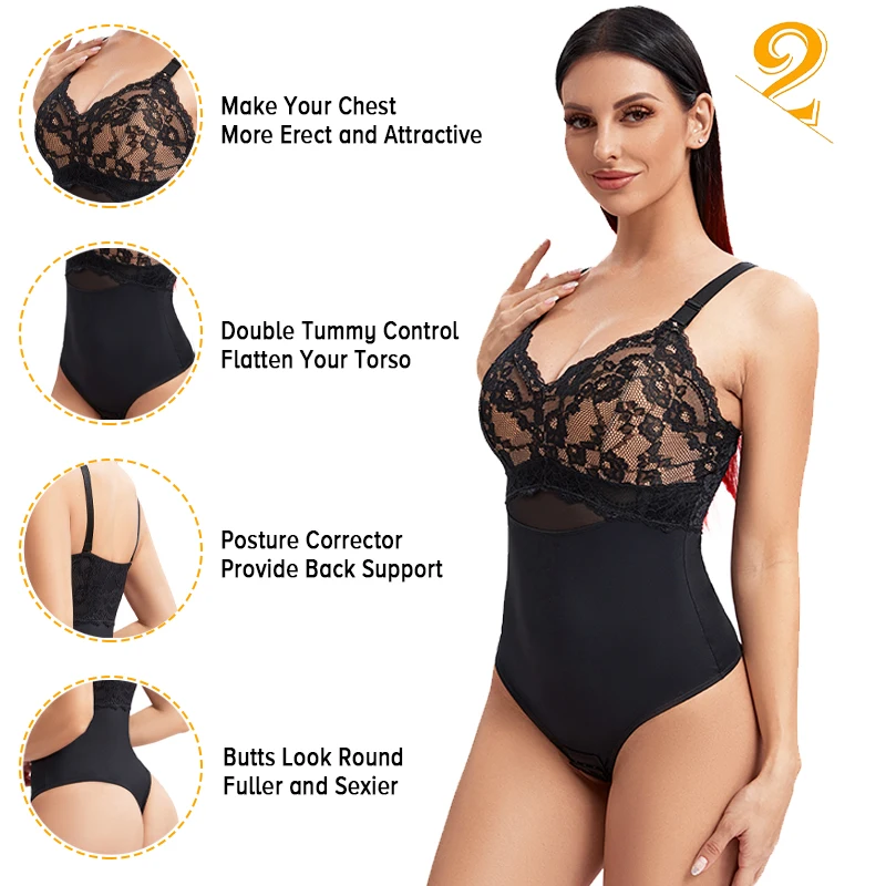 Women Lace Thong Bodysuit V-Neck Full Body Shaper Tummy Control Slimming Shapewear Smooth Corset Padded Lingerie Butt Lifter