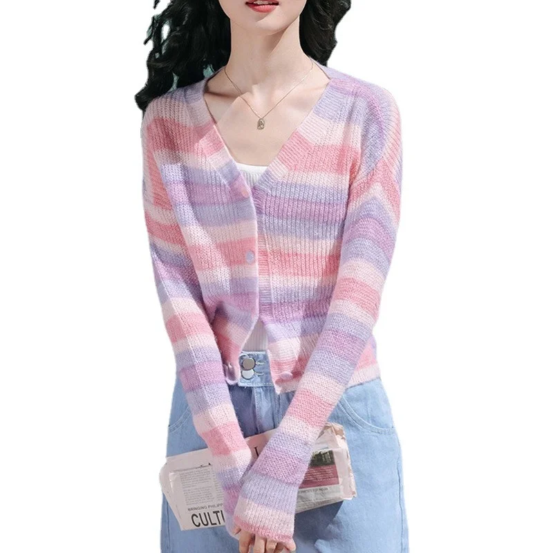 

Rainbow Stripe Knitted Cardigan Women's Summer Thin Sweet Gentle Mohair V-neck Sunscreen Sweater Long Sleeve Top 2022