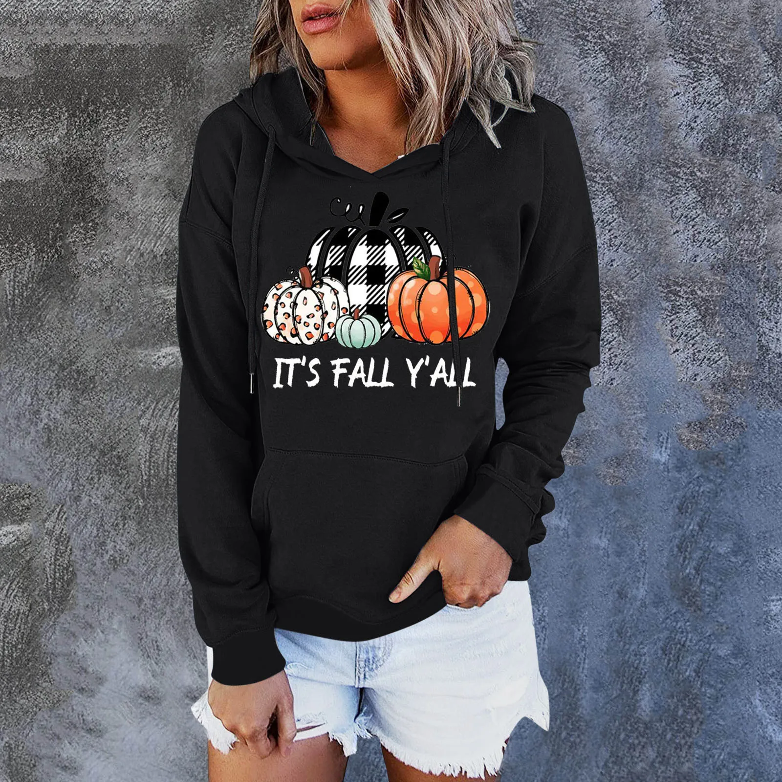 

Thumb Hole Tops Women Women Halloween Hooded Pumpkin Plaid Letter Printing Pocket Drawstring Long Sleeves Long Tunic Sweatshirt