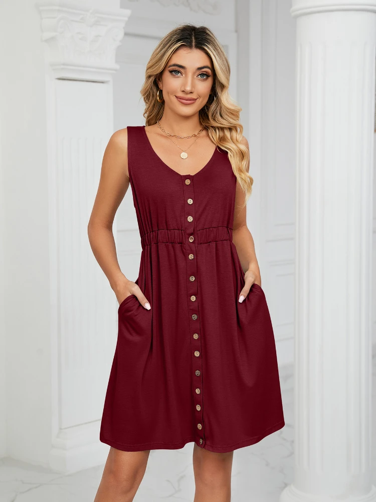 

2023 New In Europe America Spring Summer Dress Solid Color Sleeveless Button Pocket V-neck Split Waist Dresses Women Clothing