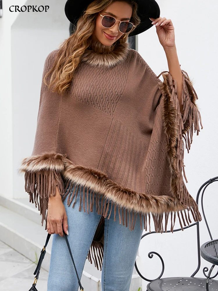 

Autumn Winter Elegant Poncho For Women Casual Fringed Knitted Long Cape Fashion Batwing Sleeve Faux Fur Jacket 2023 New