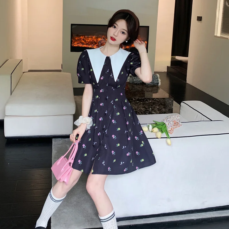 

Printing Large Size Casual Women's Dresses Summer Korean Short Sleeve Fashion Loose High Waist Elegant Dress Female Clothing